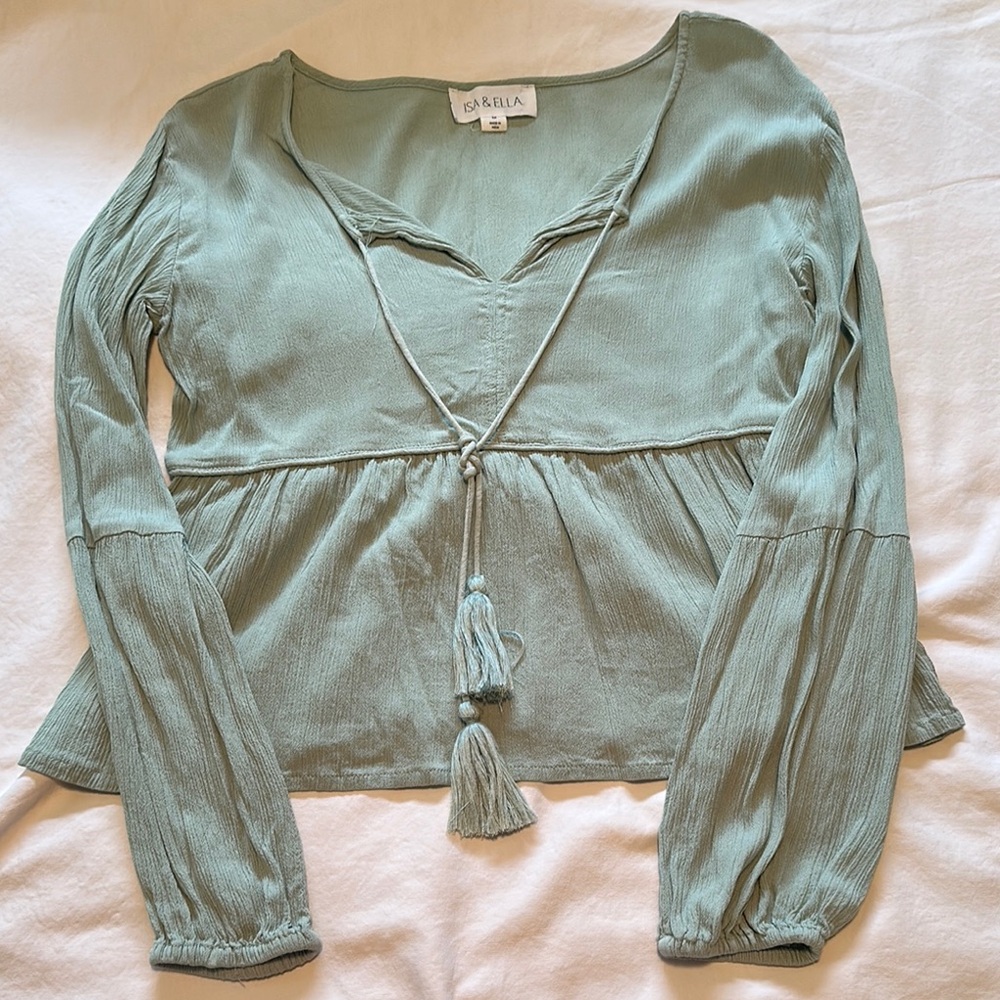 Green Long Sleeve Tie Front Peplum Blouse